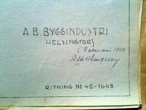 Rakennusteollisuus Oy:n ruotsinkielisen piirustuksen nimiö vuodelta 1942.